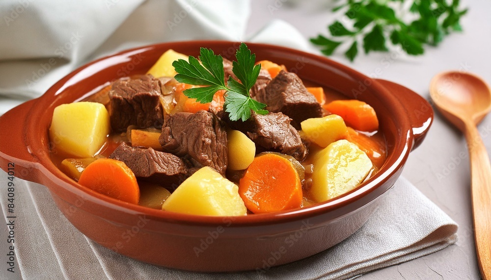 Beef meat stewed with potatoes, carrots and spices in ceramic po Beef meat stewed with potatoes, carrots and spices in ceramic po