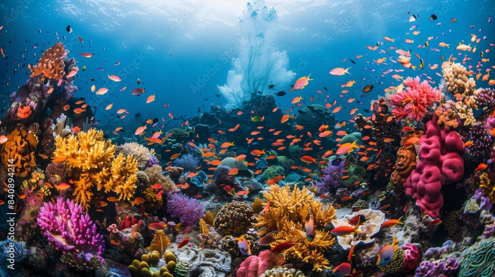 Naklejka premium A vibrant coral reef, rich in marine life, symbolizes personal growth and life's endless possibilities.