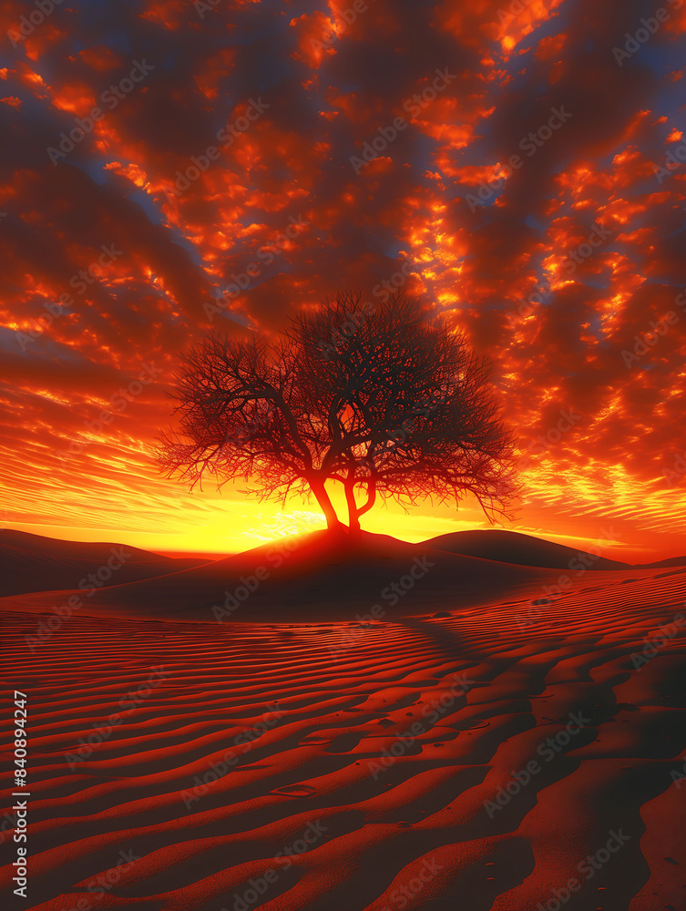 Solitary Tree Silhouetted Against a Fiery Sunset in a Serene Desert Landscape Solitary Tree Silhouetted Against a Fiery Sunset in a Serene Desert Landscape
