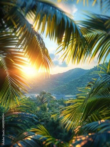 A vibrant tropical scene featuring palm leaves framing a distant view of lush green hills and the ocean under a bright sun, evoking a sense of paradise and relaxation © megavectors