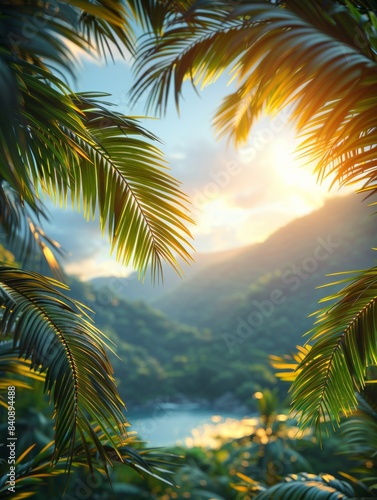 A vibrant tropical scene featuring palm leaves framing a distant view of lush green hills and the ocean under a bright sun  evoking a sense of paradise and relaxation