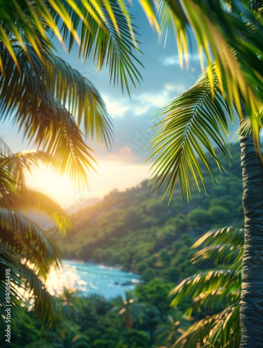 A vibrant tropical scene featuring palm leaves framing a distant view of lush green hills and the ocean under a bright sun, evoking a sense of paradise and relaxation