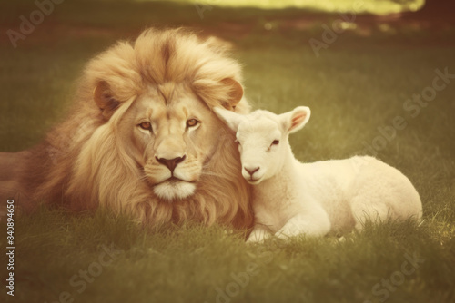 Retro Photography of Lion and Lamb Laying in the Meadow. Bible Concept