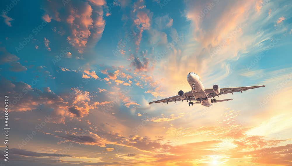 Airplane flying over palm trees at sunset. Concept of travel and adventure by AI generated image Airplane flying over palm trees at sunset. Concept of travel and adventure by AI generated image