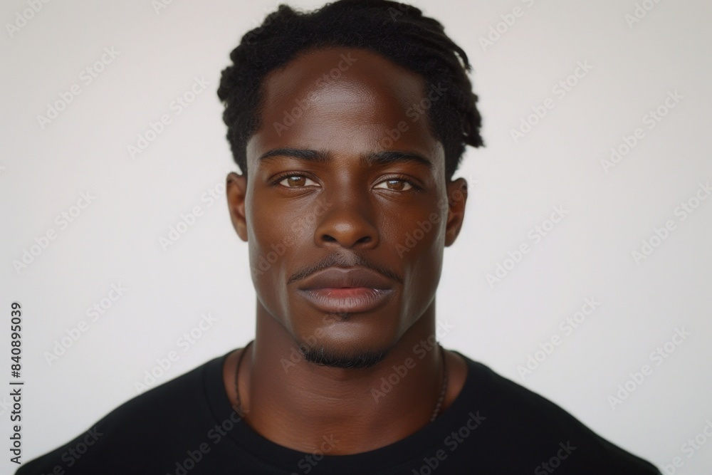 A mysterious man in a black shirt makes direct eye contact with the camera against a stark white background. A mysterious man in a black shirt makes direct eye contact with the camera against a stark white background.