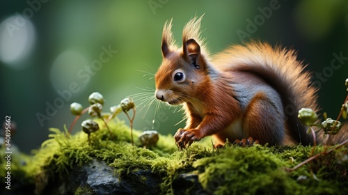 red squirrel eating over rock with green vegetation © Dzikir