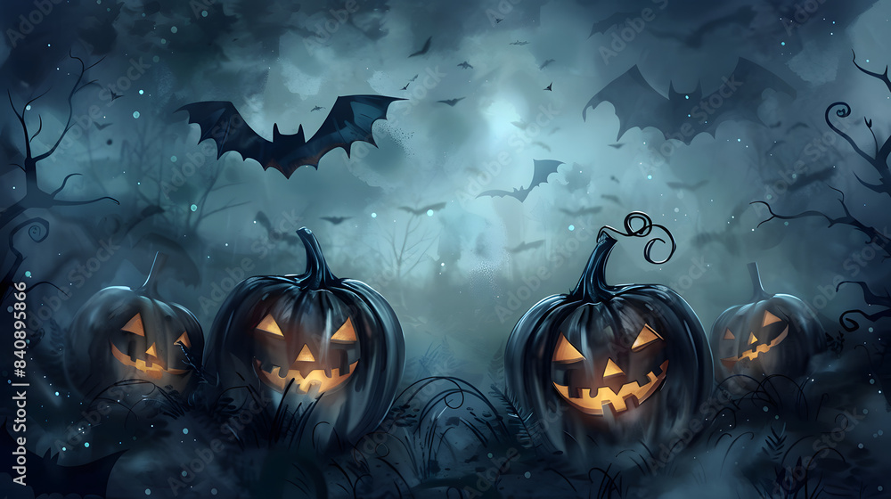 Three Halloween Jack O'Lantern pumpkins against the backdrop of night and bats, fog Three Halloween Jack O'Lantern pumpkins against the backdrop of night and bats, fog