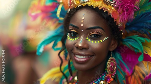 Close-up of a smiling woman adorned with a colorful and ornate carnival headdress, embodying the festive spirit