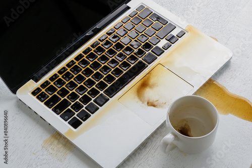 Coffee spilled on the laptop keyboard from coffee cup.
