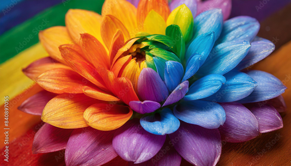 macro close photo of a flower with petals painted in the colors of the lgbt flag and rainbow, wallpaper background texture for presentation, queer gay lgbtqia pride month of visibility, summer june macro close photo of a flower with petals painted in the colors of the lgbt flag and rainbow, wallpaper background texture for presentation, queer gay lgbtqia pride month of visibility, summer june