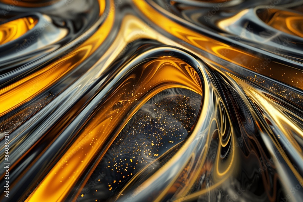 Flowing liquid gold and black metallic abstract with glowing particles in dynamic, futuristic waves Flowing liquid gold and black metallic abstract with glowing particles in dynamic, futuristic waves