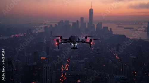 A drone with red lighting flying above a cityscape against the backdrop of a twilight sky photo