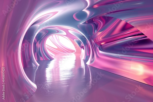 Dreamlike corridor of flowing metallic hues blending pink and blue, creating a surreal and futuristic passageway bathed in reflective light