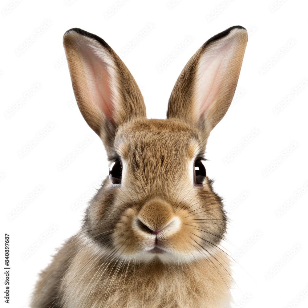 Obraz premium Close-Up Portrait Of Cute Brown Bunny Staring With Big Eyes And Soft Fur On Isolated Background