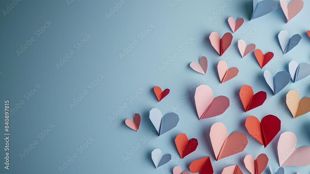 Vibrant paper hearts adding a romantic touch to a blue backdrop