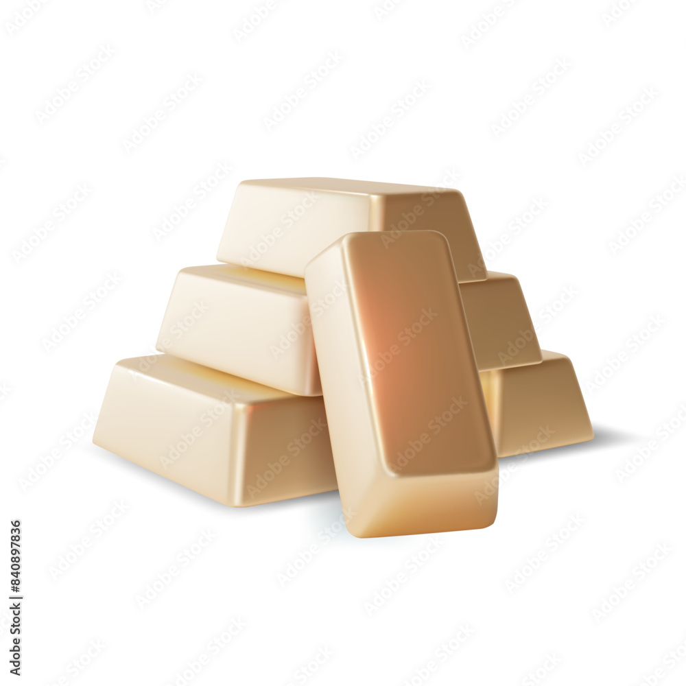 Obraz premium 3d Bank Golden Bars Set Cartoon Design Style Isolated on a White Background Symbol of Rich. Vector illustration of Gold Bar