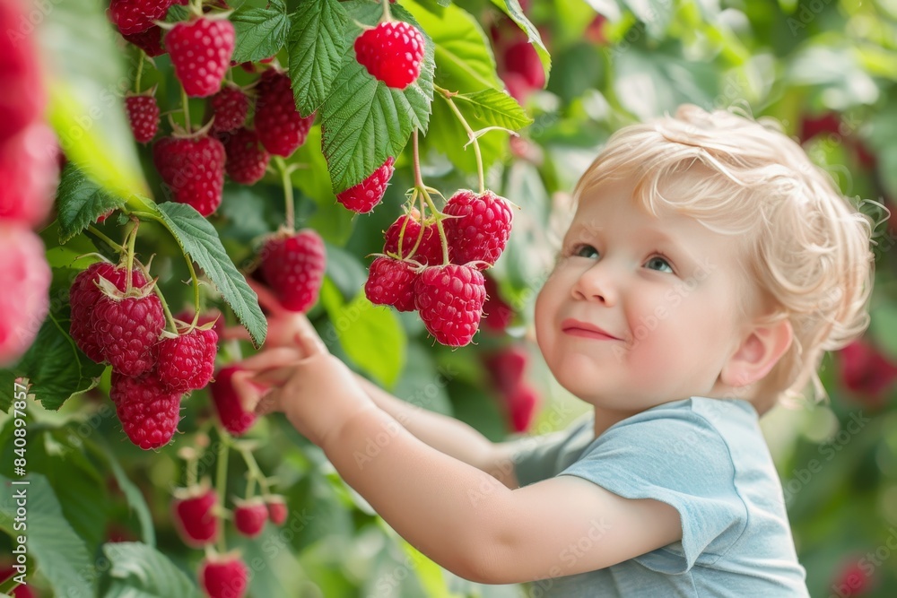 Child harvesting ripe raspberries in a sunny, vibrant garden on a pleasant summer day Child harvesting ripe raspberries in a sunny, vibrant garden on a pleasant summer day