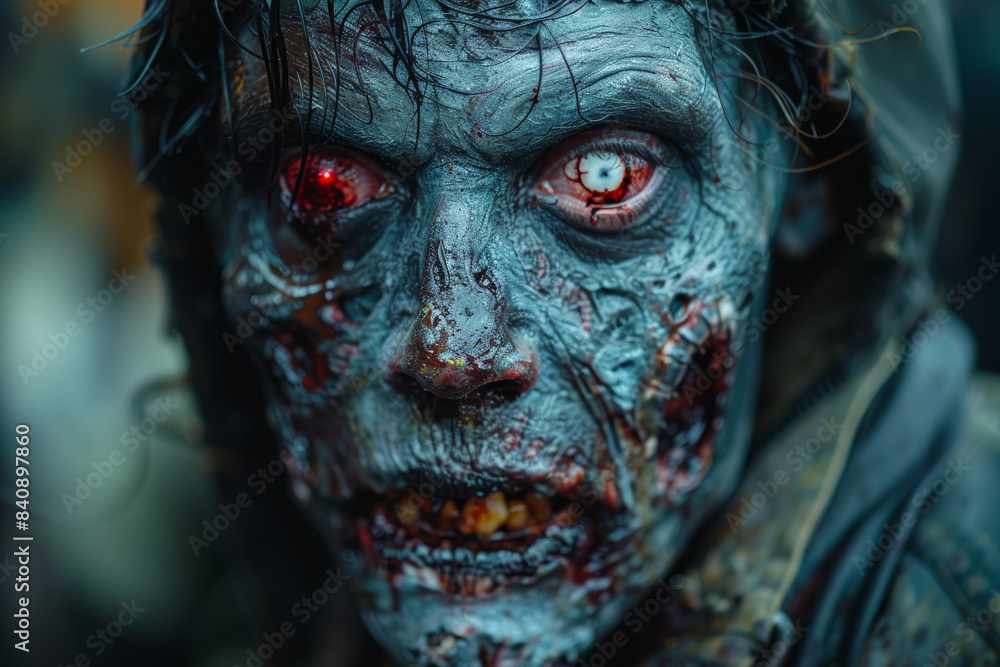 A zombie with half its face missing, revealing the skull underneath. Concept of gore and terror. Generative Ai. A zombie with half its face missing, revealing the skull underneath. Concept of gore and terror. Generative Ai.