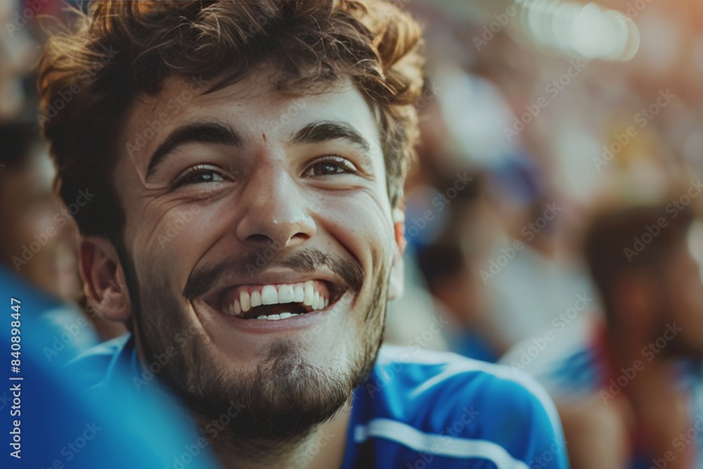 A content young man with a beard smiling widely at a sporting event, happiness apparent