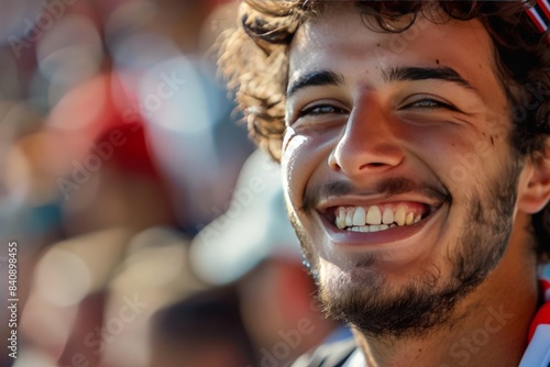 Smiling young man with curly hair enjoys the atmosphere at a sports game with a crowd