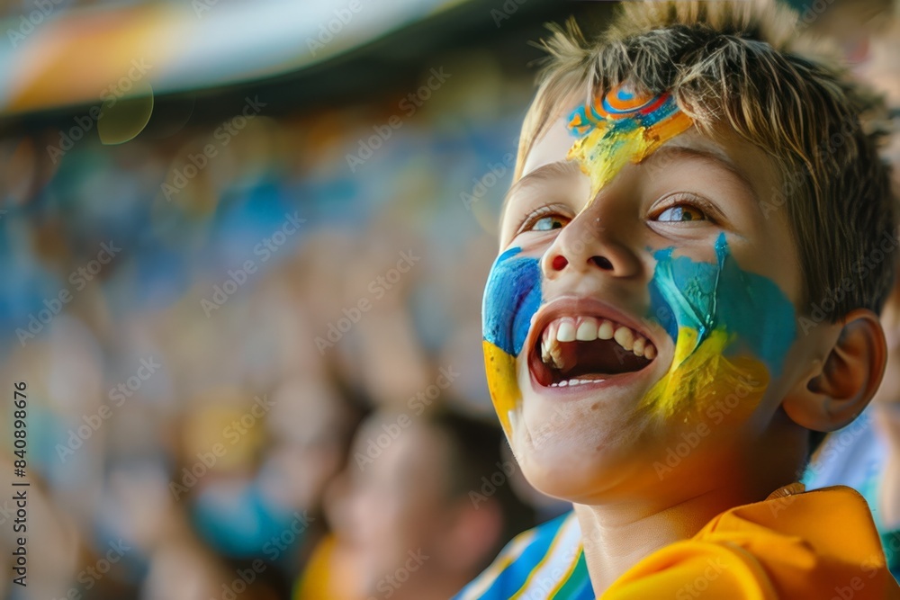 A young spectator wearing a blue and yellow striped shirt is captured from behind, overlooking a crowded sports stadium A young spectator wearing a blue and yellow striped shirt is captured from behind, overlooking a crowded sports stadium