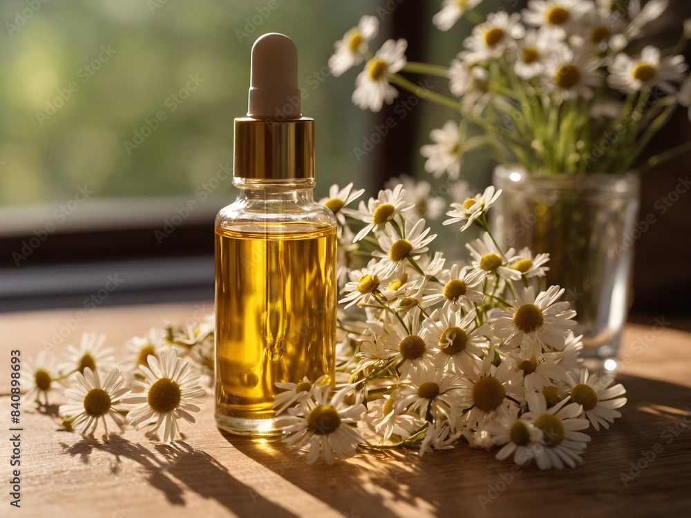 Golden essential oil serum is displayed in a clear glass bottle on a wooden table, with chamomile flowers in the background. Golden essential oil serum is displayed in a clear glass bottle on a wooden table, with chamomile flowers in the background.