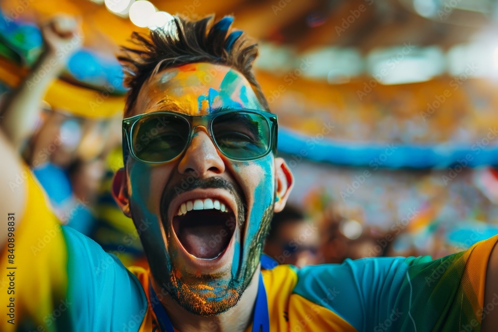 Close-up of a man with colorful face paint shouting excitedly, embodying team spirit at a sports event Close-up of a man with colorful face paint shouting excitedly, embodying team spirit at a sports event