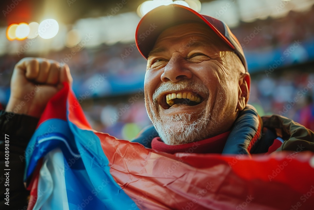 Sports fan showing passion, holding a team flag at a stadium, blending with the crowd Sports fan showing passion, holding a team flag at a stadium, blending with the crowd