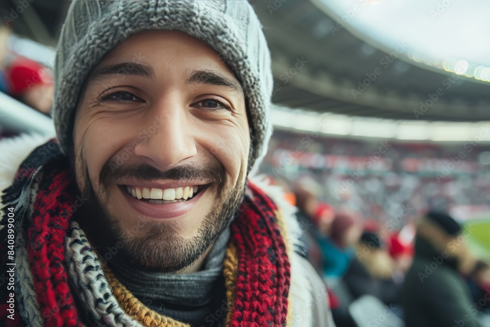 A smiling young man wearing winter attire at a sports stadium enjoying a game with blurry crowd in the background A smiling young man wearing winter attire at a sports stadium enjoying a game with blurry crowd in the background