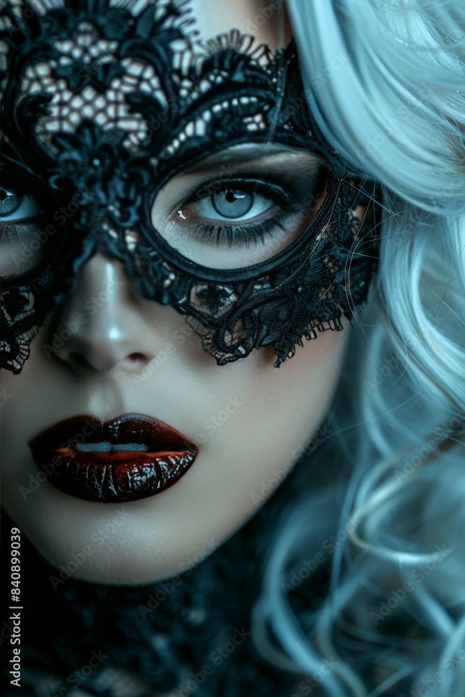Close up of a mysterious young woman with black lace mask over her eyes on a dark background Close up of a mysterious young woman with black lace mask over her eyes on a dark background