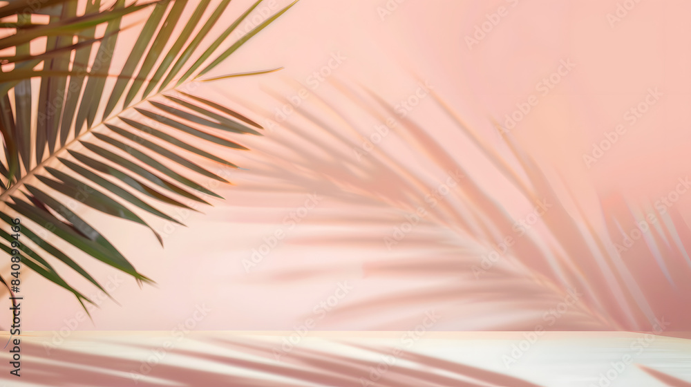 Fototapeta premium Blurred shadow from palm leaves on the light pink wall. Minimal abstract background for product presentation. Spring and summer.