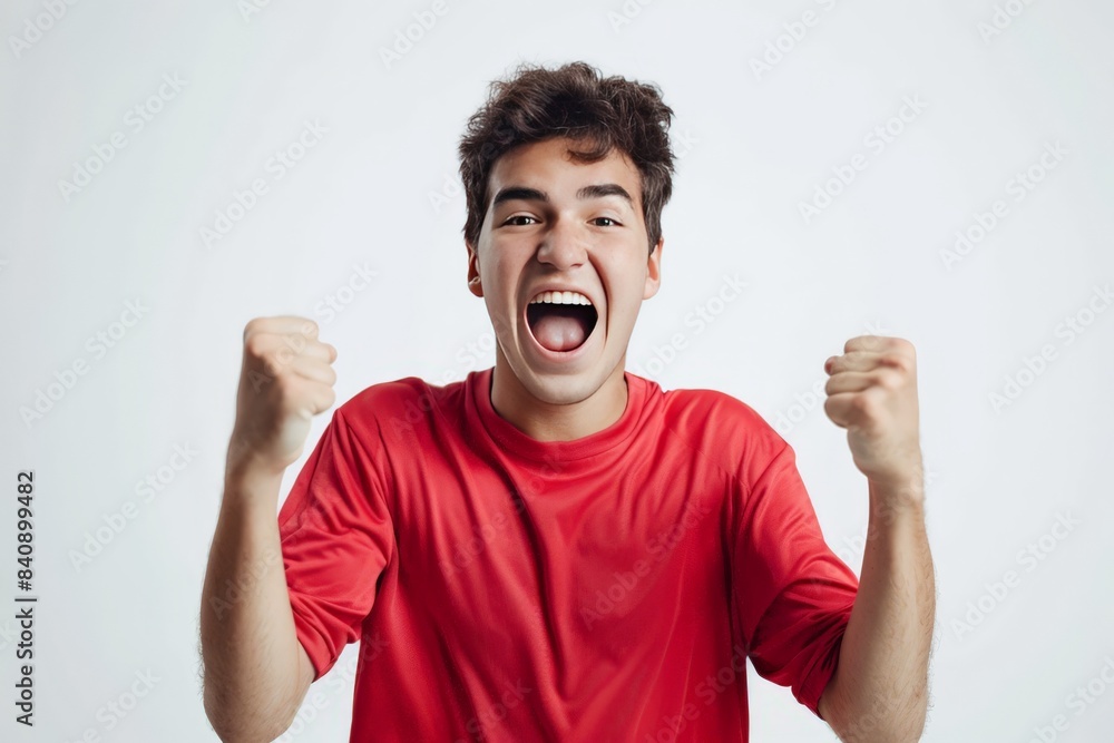 Energetic young man in a red shirt raising his fists in a sign of victory or excitement Energetic young man in a red shirt raising his fists in a sign of victory or excitement