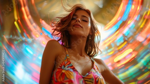 A person with a blurred face is framed by vivid, swirling light streaks, suggesting energy and joy photo