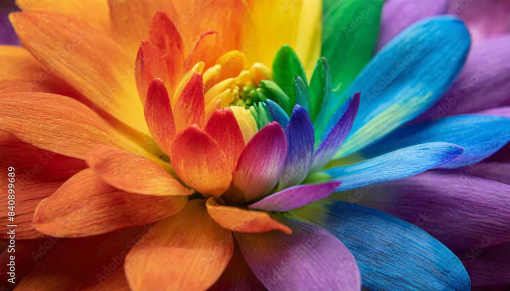 Fototapeta premium macro close photo of a flower with petals painted in the colors of the lgbt flag and rainbow, abstract wallpaper background texture for product presentation, queer gay lgbtqia pride visibility month