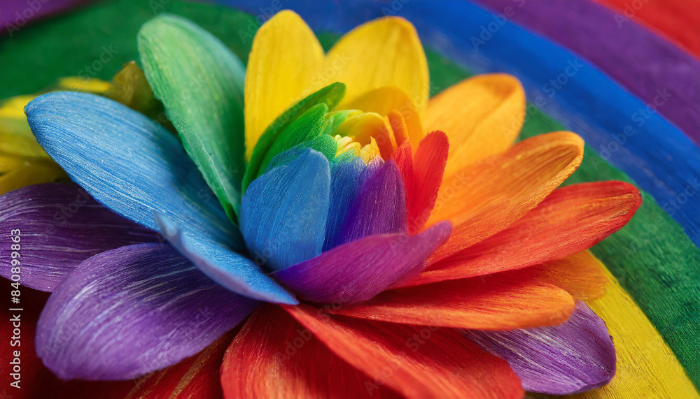 macro close photo of a flower with petals painted in the colors of the lgbt flag and rainbow, abstract wallpaper background texture for product presentation, queer gay lgbtqia pride visibility month macro close photo of a flower with petals painted in the colors of the lgbt flag and rainbow, abstract wallpaper background texture for product presentation, queer gay lgbtqia pride visibility month