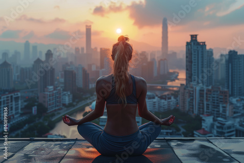 A young woman practicing yoga on a rooftop with a city skyline in the background. Concept of wellness and urban living. Generative Ai. photo