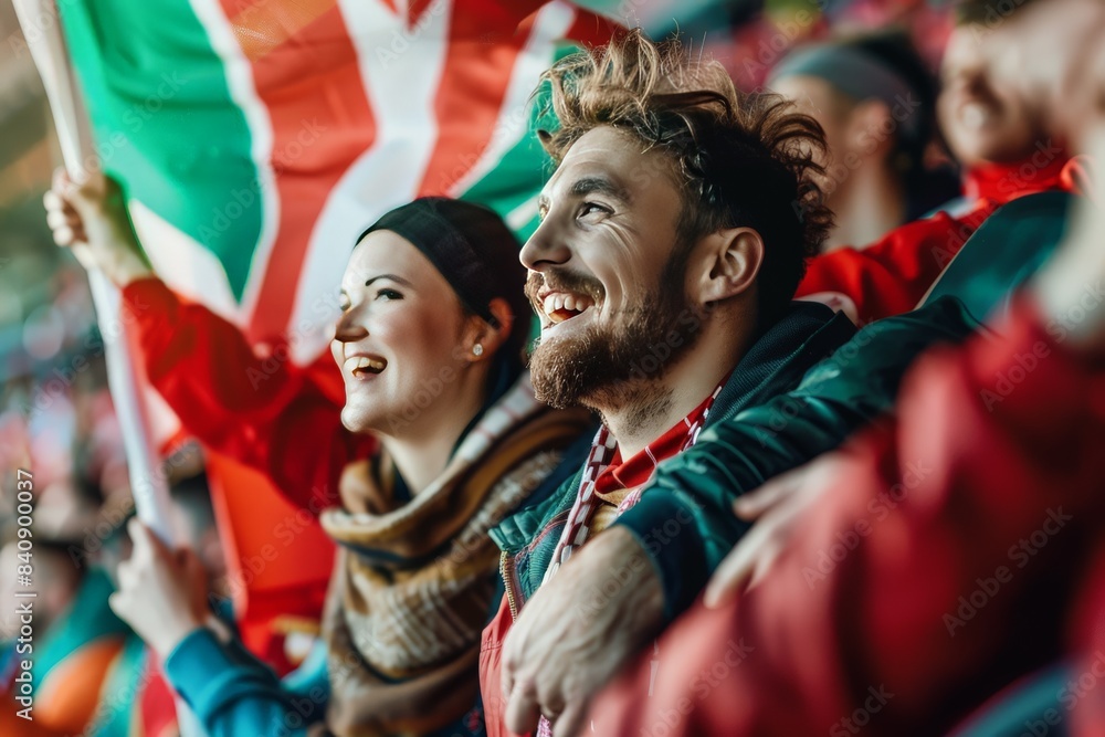 An excited group of sports fans cheering with different national flags in a vibrant atmosphere An excited group of sports fans cheering with different national flags in a vibrant atmosphere