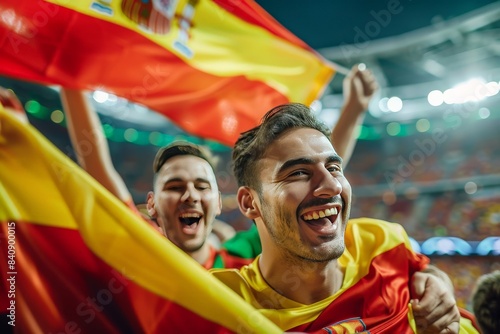 Excited fans hold a Spanish flag aloft, sharing a moment of joy at a live sports event © ChaoticMind