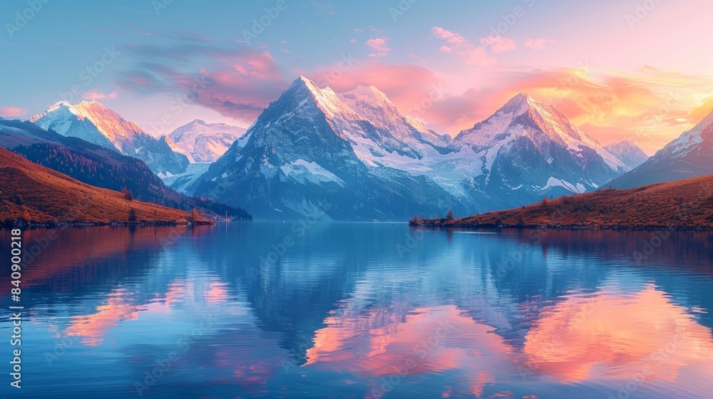 Fantastic evening panorama of Bachalp lake / Bachalpsee, Switzerland. Picturesque autumn sunset in Swiss alps, Grindelwald, Fantastic evening panorama of Bachalp lake / Bachalpsee, Switzerland. Picturesque autumn sunset in Swiss alps, Grindelwald,