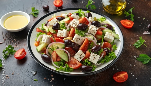 Wallpaper Mural Greek salad with fresh vegetables, feta cheese, kalamata olives, dried oregano, red wine vinegar and olive oil. Healthy food. Torontodigital.ca
