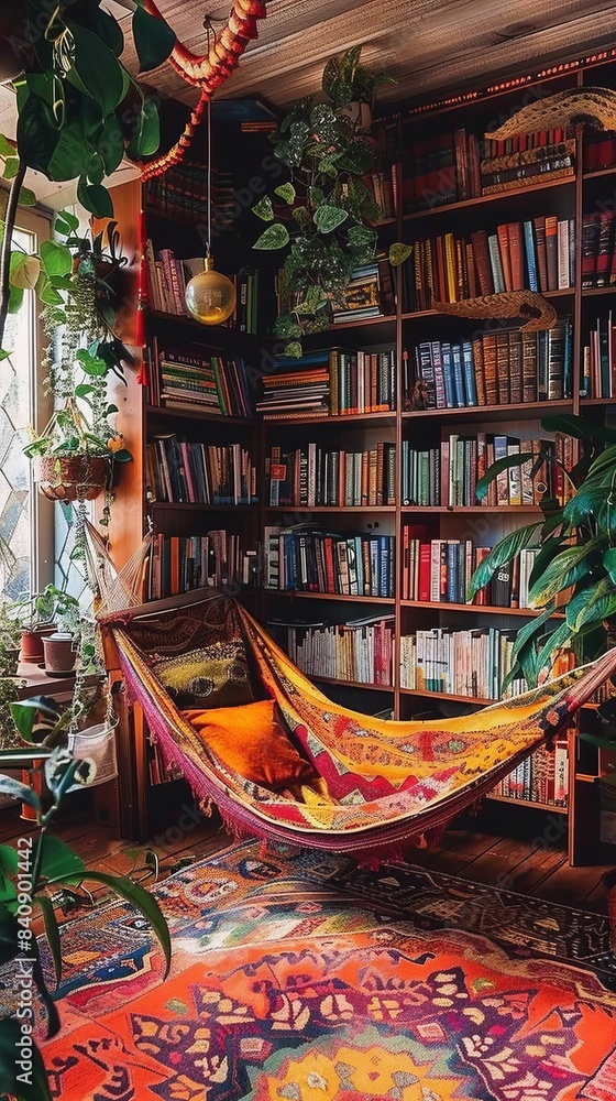A hammock in a room with bookshelves and plants A hammock in a room with bookshelves and plants
