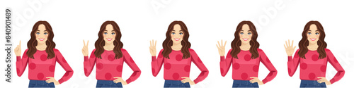 Young beautiful woman with curly hair pointing up. One, two, three, four, five fingers set isolated vector illustration