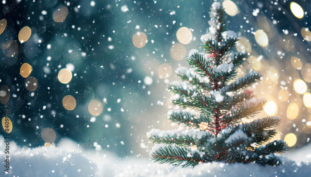Little Christmas tree and falling snow, copy space, outdoor and nature, winter season holidays vibe Little Christmas tree and falling snow, copy space, outdoor and nature, winter season holidays vibe