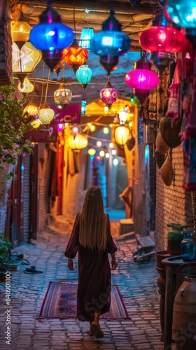 A woman walking down a narrow alley way
