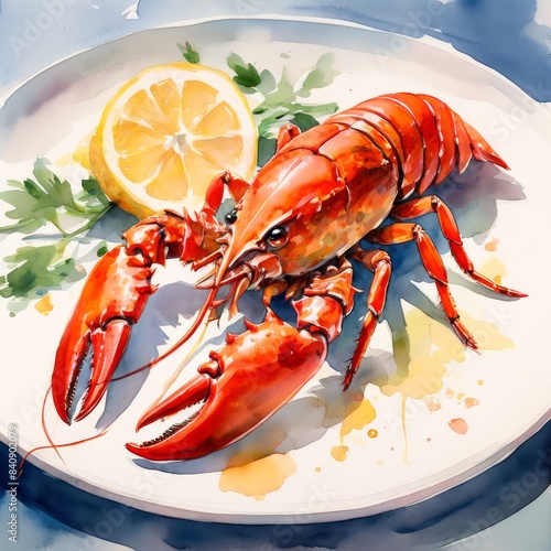 A beautiful watercolor painting of a whole lobster served on a plate with a lemon wedge, capturing the freshness and elegance of this seafood delicacy.