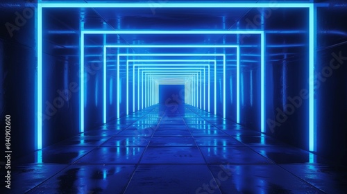 Abstract background with blue neon lines glowing in darkness. Empty virtual space reflected in the floor © DZMITRY