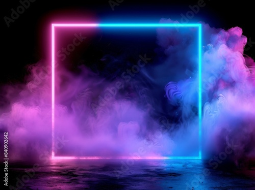 A 3D rendering with abstract geometrical background  neon square frame  and glowing pink and blue cloud