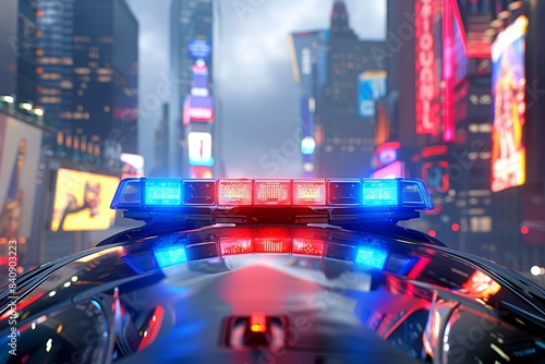 Police car emergency lights in blue and red flashing against city night sky with urban lights