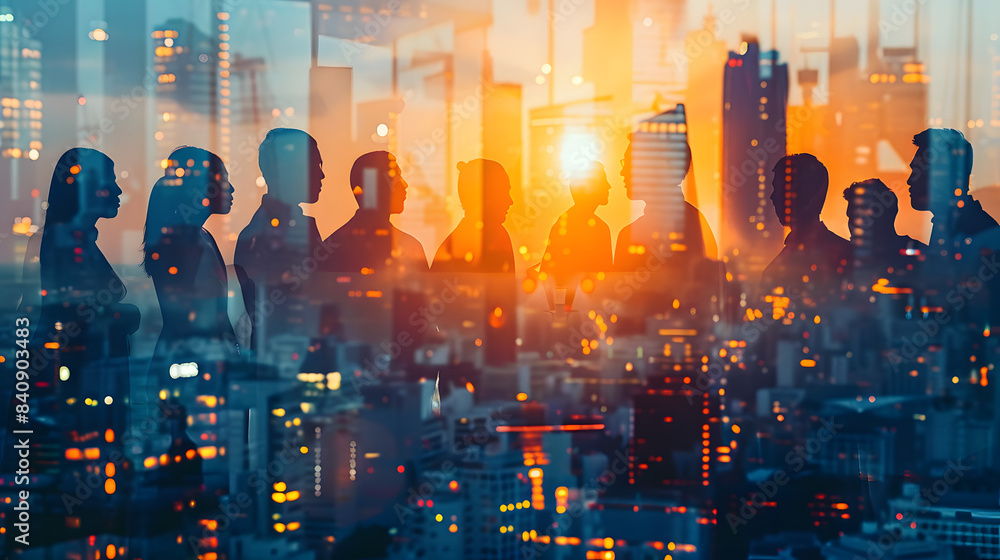 Double exposure image of many business people conference group meeting on city office building in background showing partnership success of business deal. Concept of teamwork Double exposure image of many business people conference group meeting on city office building in background showing partnership success of business deal. Concept of teamwork
