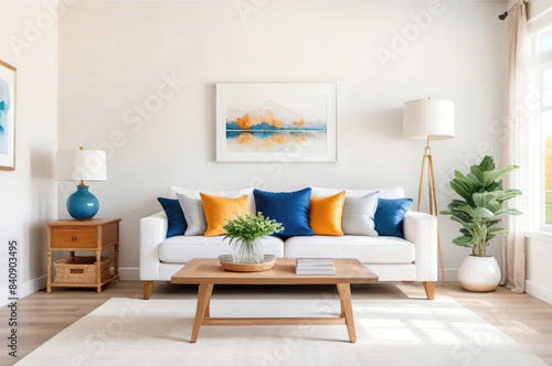Bright living room interior with orange and blue accents.